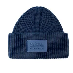 NWT Coach Wool Blend Classic Ribbed Tonal Patch Cuff Beanie Navy Blue